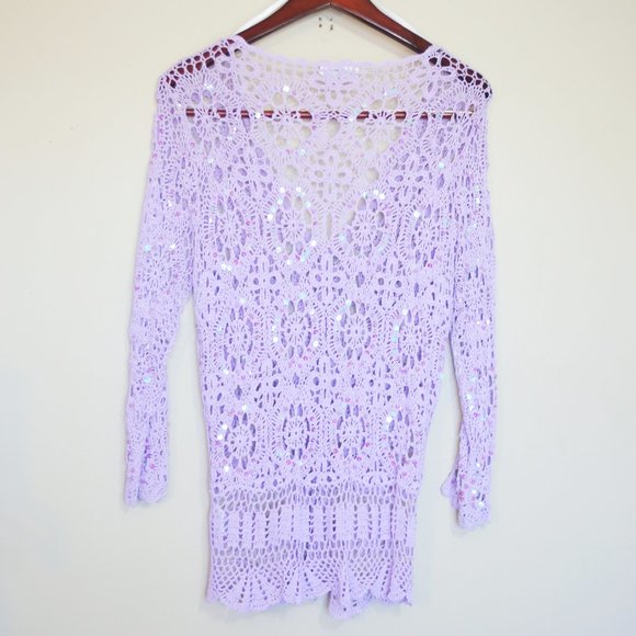 lilac iridescent sequin knit button up cardigan - Picture 6 of 9
